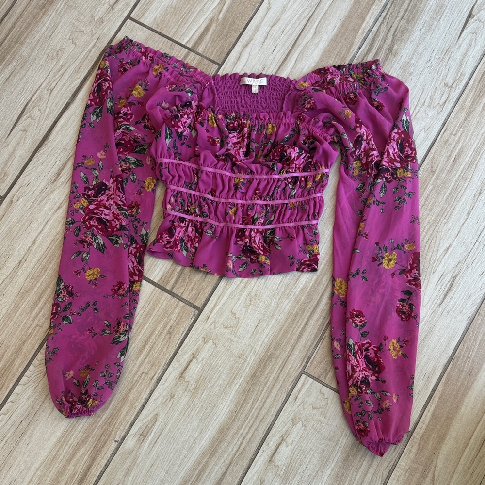 Wayf Magenta Floral Smocked Long Sleeve Crop Top